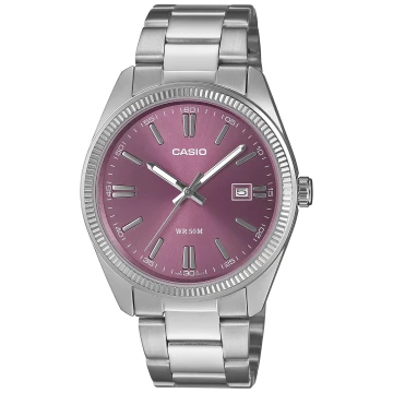 Zegarek męski Casio MTP-1302PD-6AVEF na srebrnej bransolecie, fioletowa tarcza