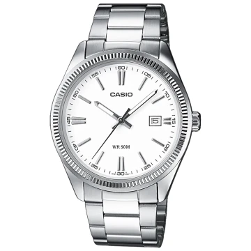 Zegarek męski Casio MTP-1302PD-7A1VEF na srebrnej bransolecie, biała tarcza