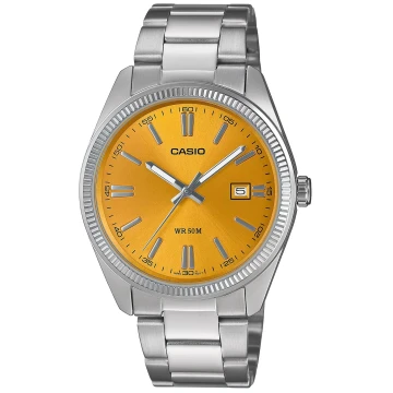 Zegarek męski Casio MTP-1302PD-9AVEF na srebrnej bransolecie, złota tarcza