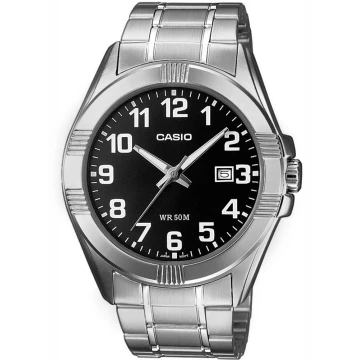 Zegarek męski Casio MTP-1308D-1BVDF na srebrnej bransolecie, czarna tarcza