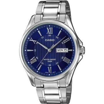 Zegarek męski Casio MTP-1384D-2AVDF na srebrnej bransolecie, niebieska tarcza