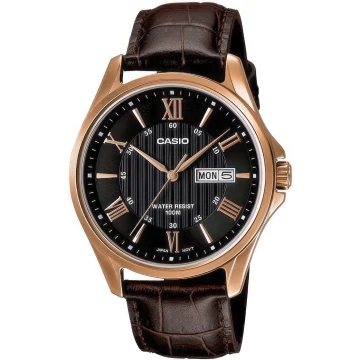 Zegarek męski Casio MTP-1384L-1AVDF na brązowym pasku, czarna tarcza