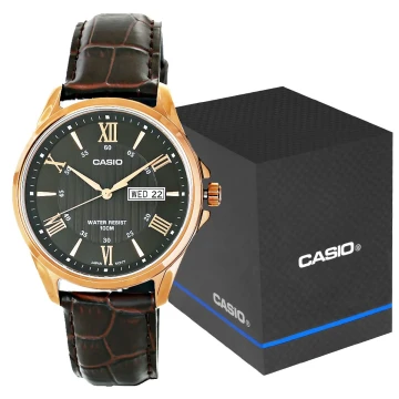 Zegarek męski Casio MTP-1384L-1AVEF na brązowym pasku, czarna tarcza