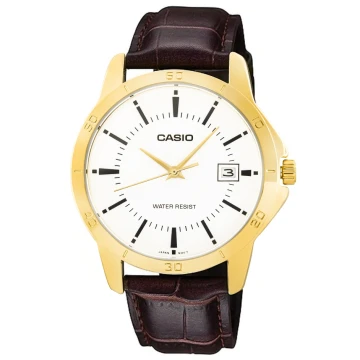 Zegarek męski Casio MTP-V004GL-7AUDF na brązowym pasku, biała tarcza