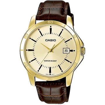 Zegarek męski Casio MTP-V004GL-9AUDF na brązowym pasku, złota tarcza