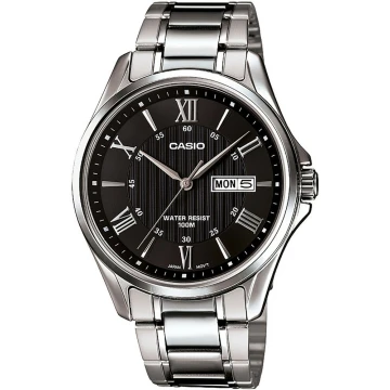 Zegarek męski Casio MTP-1384D-1AVEF na srebrnej bransolecie, czarna tarcza