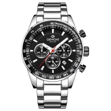 Zegarek męski Giewont GW9140-B1 Chronograph Sapphire na bransolecie srebrnej, czarna tarcza