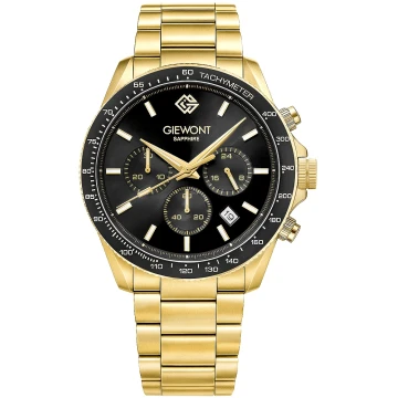 Zegarek męski Giewont GW3520-B4 Chronograph Sapphire na bransolecie złotej, czarna tarcza
