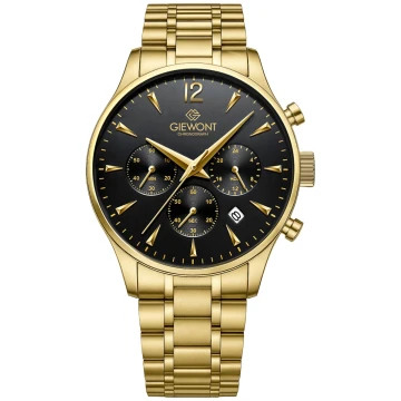 Zegarek męski Giewont GW6310-B4 Chronograph Sapphire na bransolecie złotej, czarna tarcza