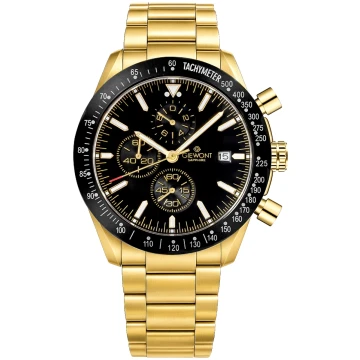 Zegarek męski Giewont GW8720-B4 Chronograph Sapphire na bransolecie złotej, czarna tarcza