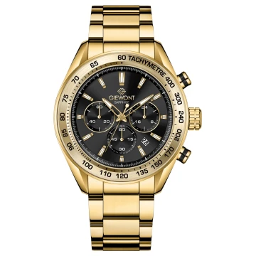 Zegarek męski Giewont GW9580-B4 Chronograph Sapphire na bransolecie złotej, czarna tarcza