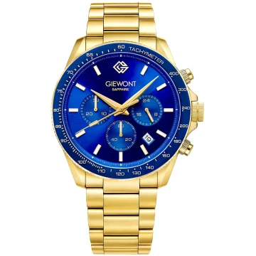 Zegarek męski Giewont GW3520-B5 Chronograph Sapphire na bransolecie złotej, niebieska tarcza