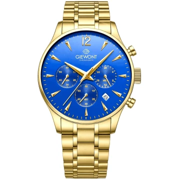 Zegarek męski Giewont GW6310-B5 Chronograph Sapphire na bransolecie złotej, niebieska tarcza