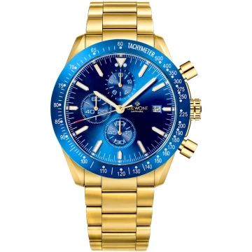 Zegarek męski Giewont GW8720-B6 Chronograph Sapphire na bransolecie złotej, niebieska tarcza