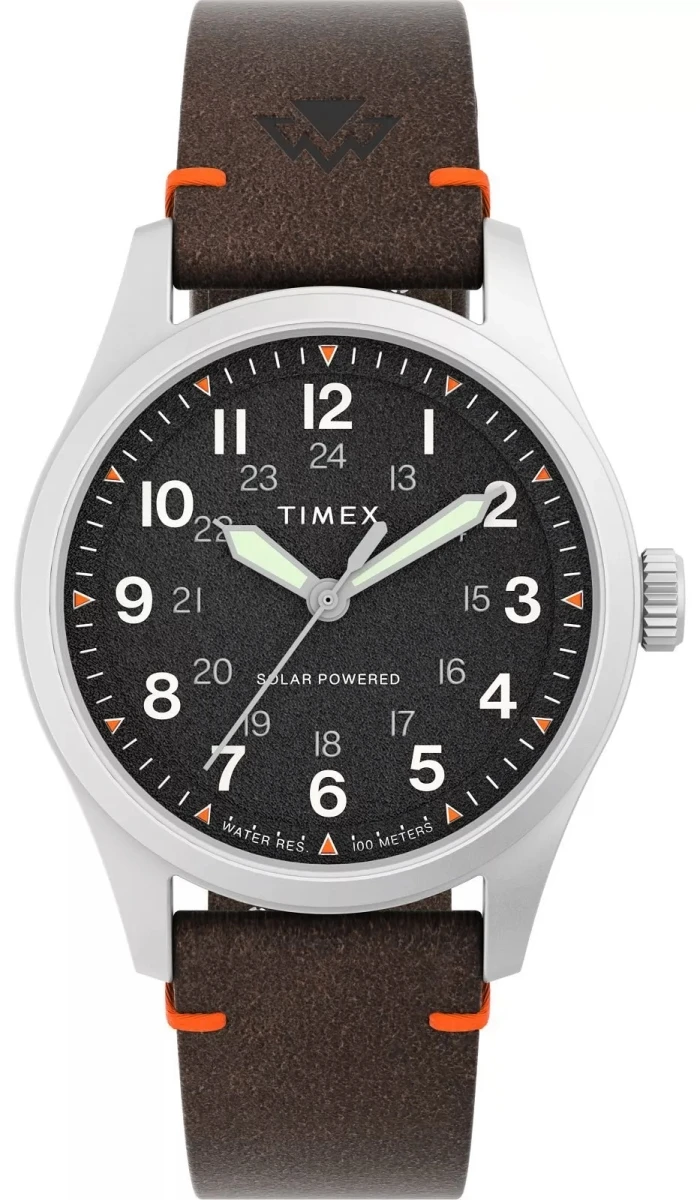Zegarek męski Timex Expedition Field Solar TW2V64200 na pasku brązowym, czarna tarcza, WR100 Zegarek męski Timex Expedition Field Solar TW2V64200 na pasku brązowym, czarna tarcza, WR100