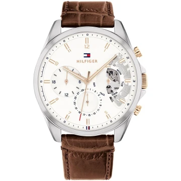 Zegarek męski Tommy Hilfiger BAKER 1710450 na pasku brązowym, biała tarcza, WR50