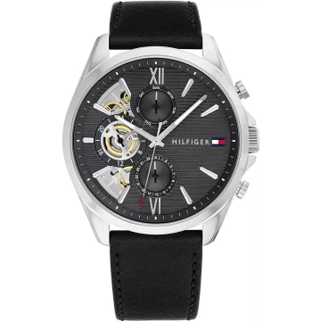 Zegarek męski Tommy Hilfiger Baker Open Heart 1710644 na pasku czarnym, czarna tarcza