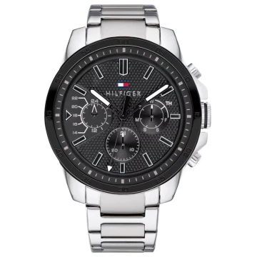 Zegarek męski Tommy Hilfiger DECKER 1791564 na bransolecie srebrnej, czarna tarcza, WR50