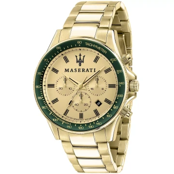 Zegarek męski Maserati Sfida R8873640005 na bransolecie złotej, złota tarcza, WR100