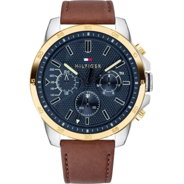 Zegarek męski Tommy Hilfiger Decker 1791561 na pasku brązowym, granatowa tarcza