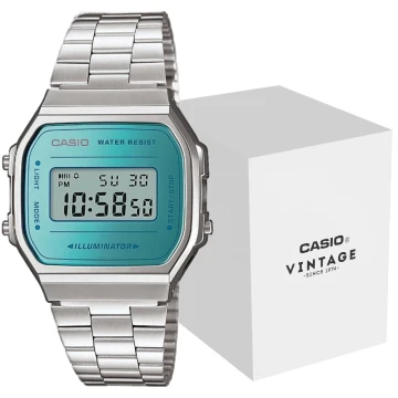 Zegarek uniseks Casio Vintage A168WEM-2EF na srebrnej bransolecie, turkusowa tarcza