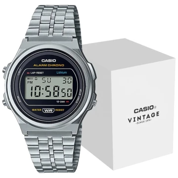 Zegarek uniseks Casio Vintage A171WE-1AEF na srebrnej bransolecie, czarna tarcza