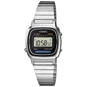 Zegarek damski Casio Vintage LA670WA-1DF na bransolecie srebrnej, czarna tarcza