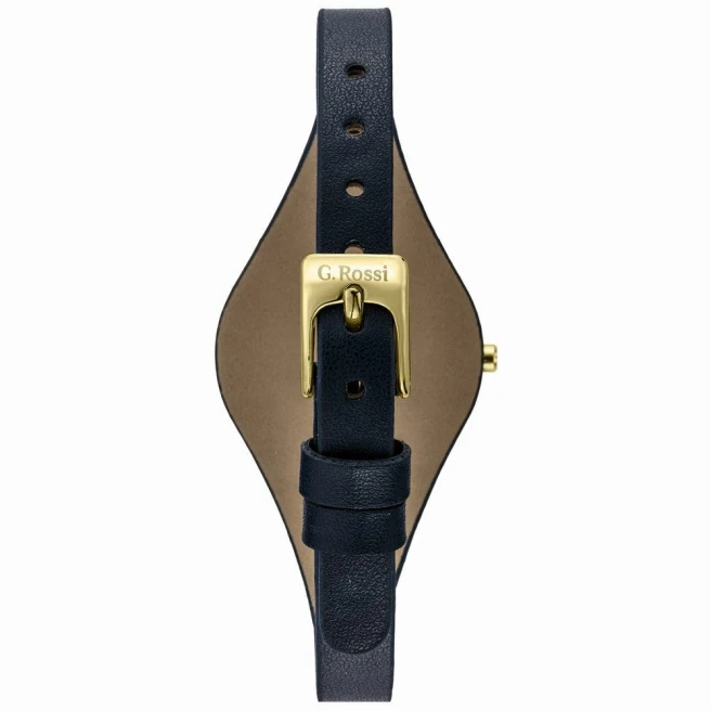 Elegancki zegarek damski na granatowym skórzanym pasku z podkładką marki G.Rossi. Złote wskazówki i indeksy na granatowej tarczy z dwiema cyframi arabskimi. Złota koperta zegarka o średnicy 32 mm.