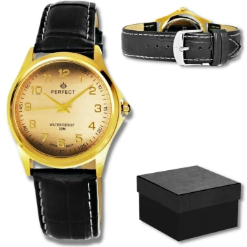Zegarek męski marki Perfect na czarnym skórzanym pasku z białą nitką. Złote wskazówki i indeksy na beżowo-czarnej, metalicznej tarczy z cyframi arabskimi. Złota koperta zegarka w rozmiarze 38 mm.