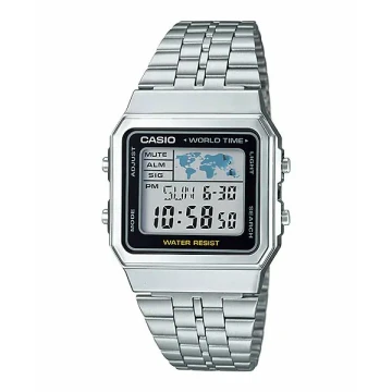 Zegarek unisex CASIO VINTAGE Srebrny A500WA-1DF na bransolecie srebrnej, czarna tarcza