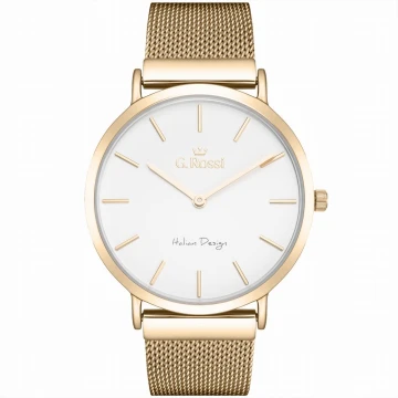 Zegarek damski G.Rossi na złotej bransolecie mesh. Złote wskazówki i indeksy na białej tarczy bez cyfr. Złota koperta zegarka w rozmiarze 40 mm.
