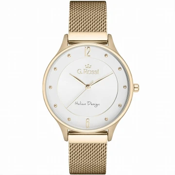 Zegarek damski G.Rossi na złotej bransolecie typu Mesh. Złote wskazówki i indeksy (cyfry arabskie) na srebrnej tarczy. Złota koperta zegarka o średnicy 36 mm.