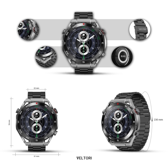 Smartwatch Veltori VT100-1 + Czarny Pasek Silikonowy + Czarny Eko Skóra