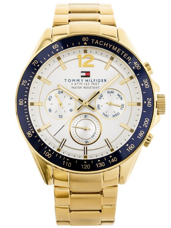 Zegarek męski Tommy Hilfiger 1791121 na bransolecie złotej, srebrna tarcza, WR50 Zegarek męski Tommy Hilfiger 1791121 na bransolecie złotej, srebrna tarcza, WR50