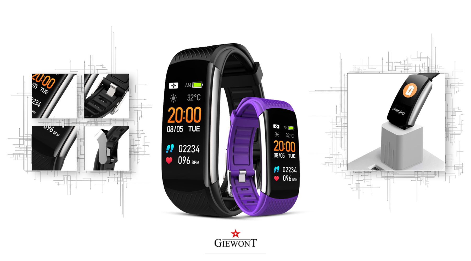Polski Smartband Giewont Pasek silikonowy Fioletowy Polski Smartband Giewont Pasek silikonowy Fioletowy