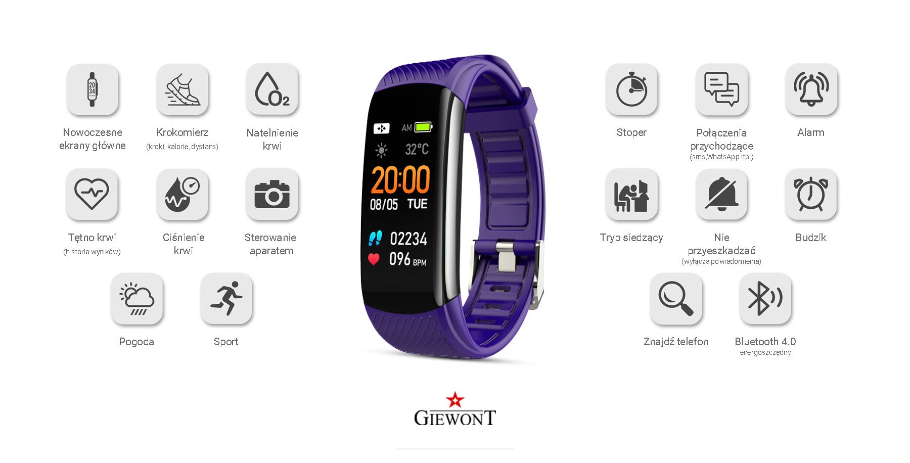 Polski Smartband Giewont Pasek silikonowy Fioletowy Polski Smartband Giewont Pasek silikonowy Fioletowy