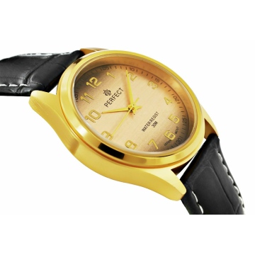 Zegarek męski marki Perfect na czarnym skórzanym pasku z białą nitką. Złote wskazówki i indeksy na beżowo-czarnej, metalicznej tarczy z cyframi arabskimi. Złota koperta zegarka w rozmiarze 38 mm.