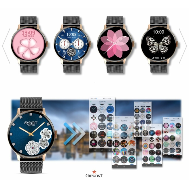 Smartwatch Damski Giewont GW330-4 Różowe Złoto-Czarny Pasek Silikonowy  + Czarna Bransoleta