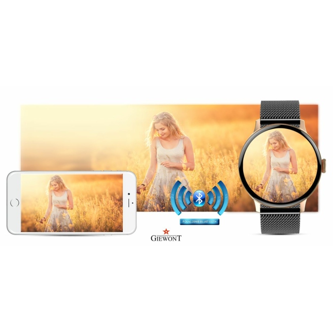 Smartwatch Damski Giewont GW330-4 Różowe Złoto-Czarny Pasek Silikonowy  + Czarna Bransoleta