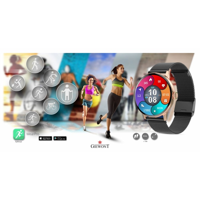 Smartwatch Damski Giewont GW330-4 Różowe Złoto-Czarny Pasek Silikonowy  + Czarna Bransoleta