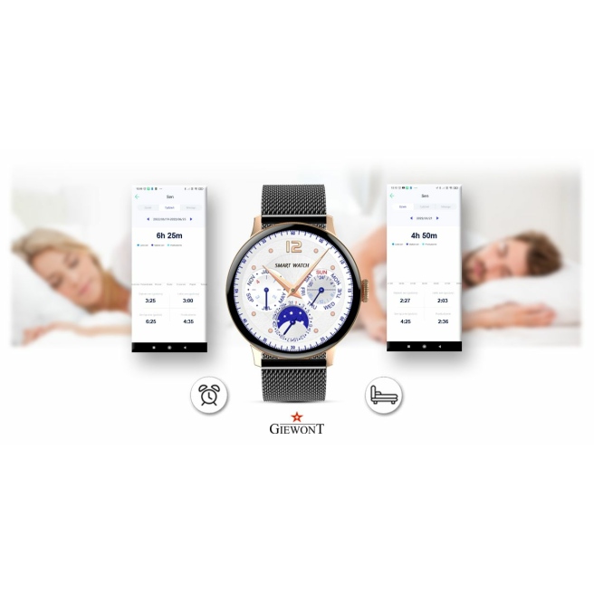 Smartwatch Damski Giewont GW330-4 Różowe Złoto-Czarny Pasek Silikonowy  + Czarna Bransoleta