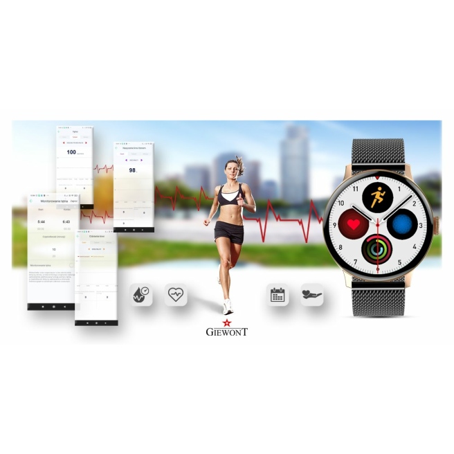 Smartwatch Damski Giewont GW330-4 Różowe Złoto-Czarny Pasek Silikonowy  + Czarna Bransoleta