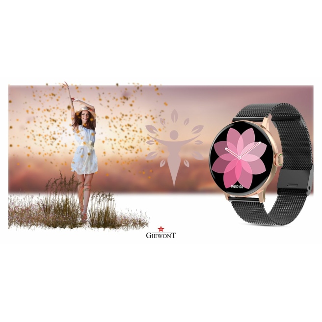 Smartwatch Damski Giewont GW330-4 Różowe Złoto-Czarny Pasek Silikonowy  + Czarna Bransoleta