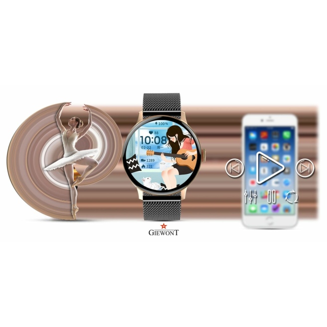 Smartwatch Damski Giewont GW330-4 Różowe Złoto-Czarny Pasek Silikonowy  + Czarna Bransoleta