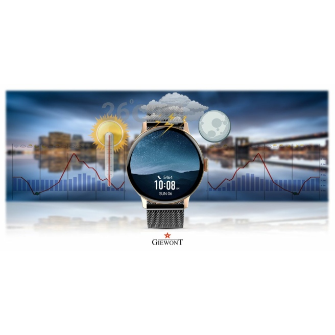 Smartwatch Damski Giewont GW330-4 Różowe Złoto-Czarny Pasek Silikonowy  + Czarna Bransoleta