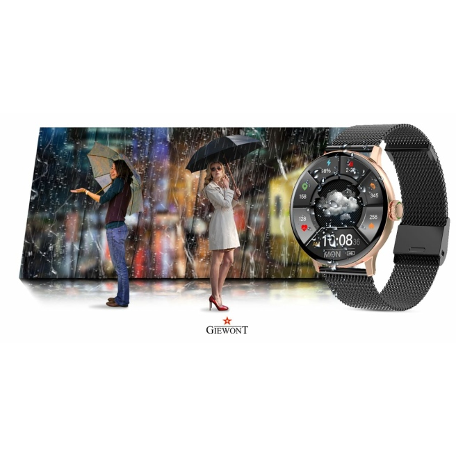 Smartwatch Damski Giewont GW330-4 Różowe Złoto-Czarny Pasek Silikonowy  + Czarna Bransoleta