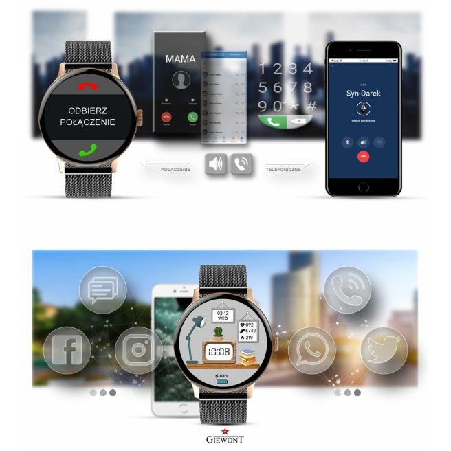 Smartwatch Damski Giewont GW330-4 Różowe Złoto-Czarny Pasek Silikonowy  + Czarna Bransoleta