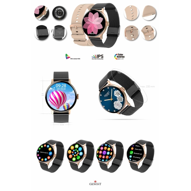 Smartwatch Damski Giewont GW330-4 Różowe Złoto-Czarny Pasek Silikonowy  + Czarna Bransoleta