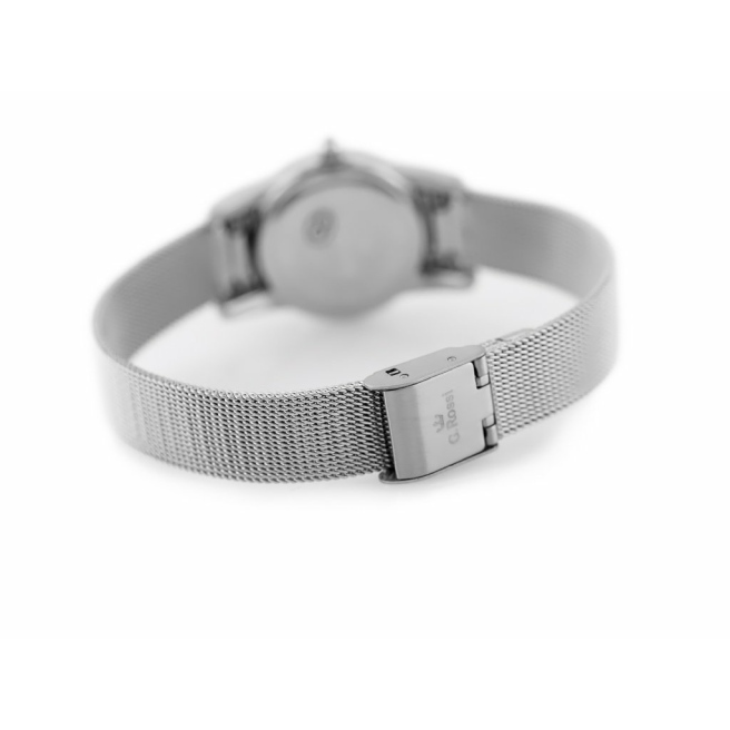 Mały zegarek damski marki G.Rossi na srebrnej bransolecie mesh. Srebrne wskazówki na srebrnej tarczy bez cyfr. Koperta zegarka o średnicy 24 mm.