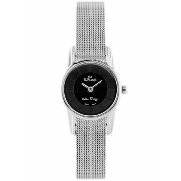 Mały zegarek damski marki G.Rossi na srebrnej bransolecie mesh. Srebrne wskazówki na czarnej tarczy bez cyfr. Srebrna koperta zegarka o średnicy 24 mm.